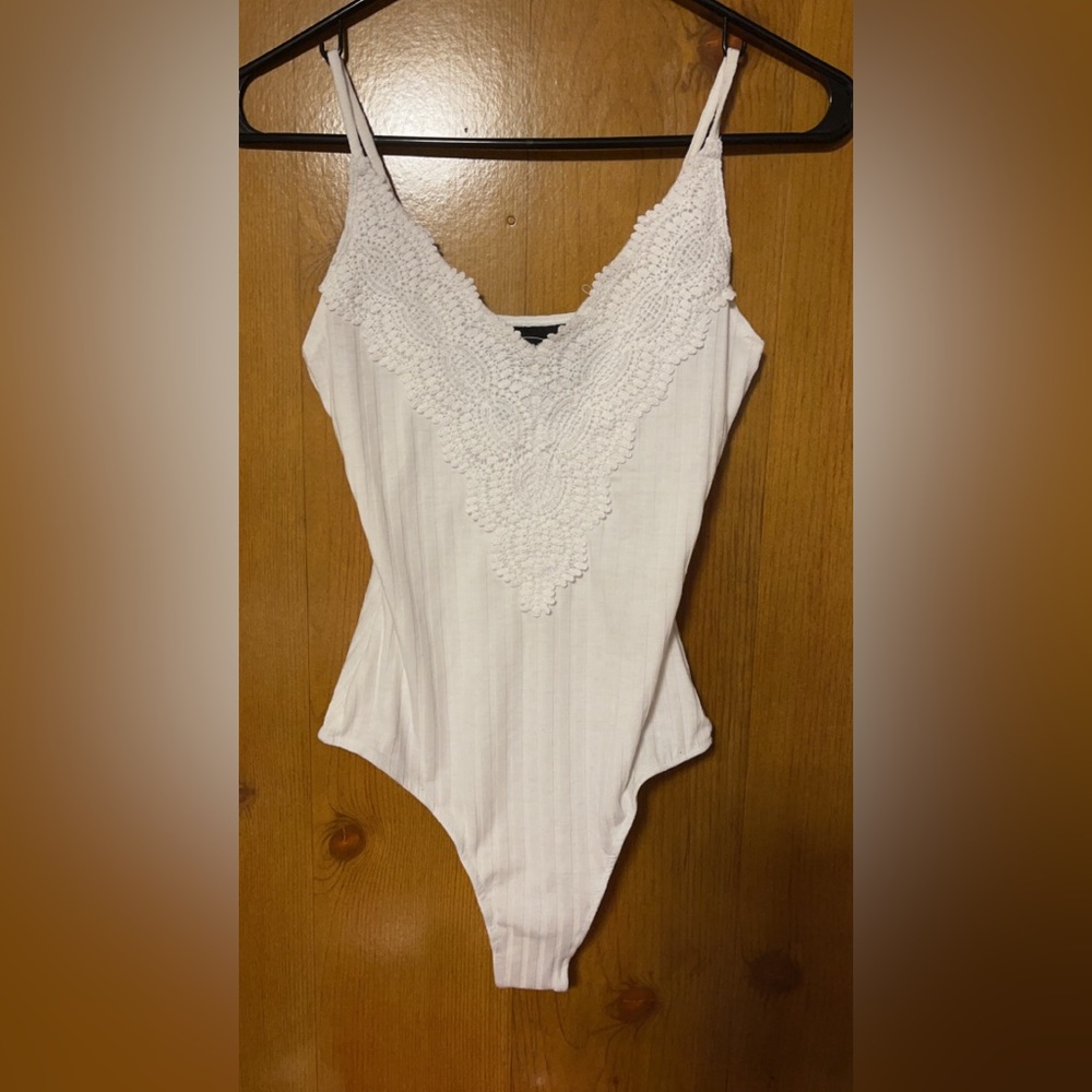 White, lace, body suit, tank top.